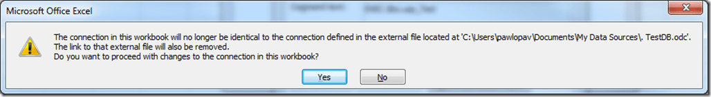 Confirmation of removing link to a connection file