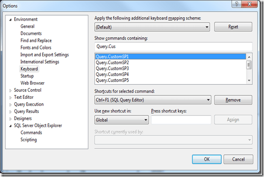 SSMS Denali Options Dialog - Keyboard Shortcuts - Custom Queries